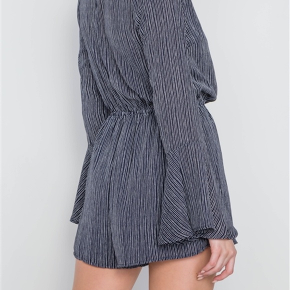 ♥️ Striped Navy Bell Long Sleeve Ruffled Romper - Picture 5 of 8